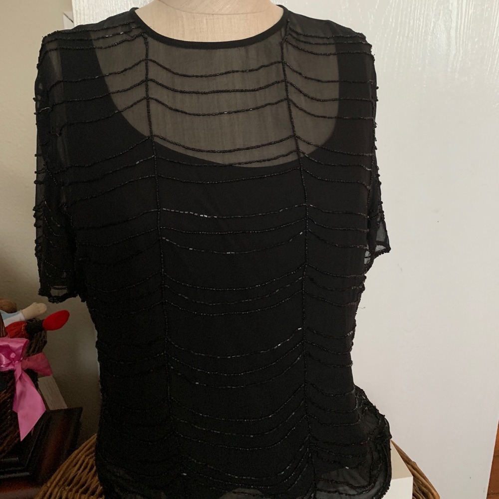 Liz Claiborne black beaded sheer gown blouse